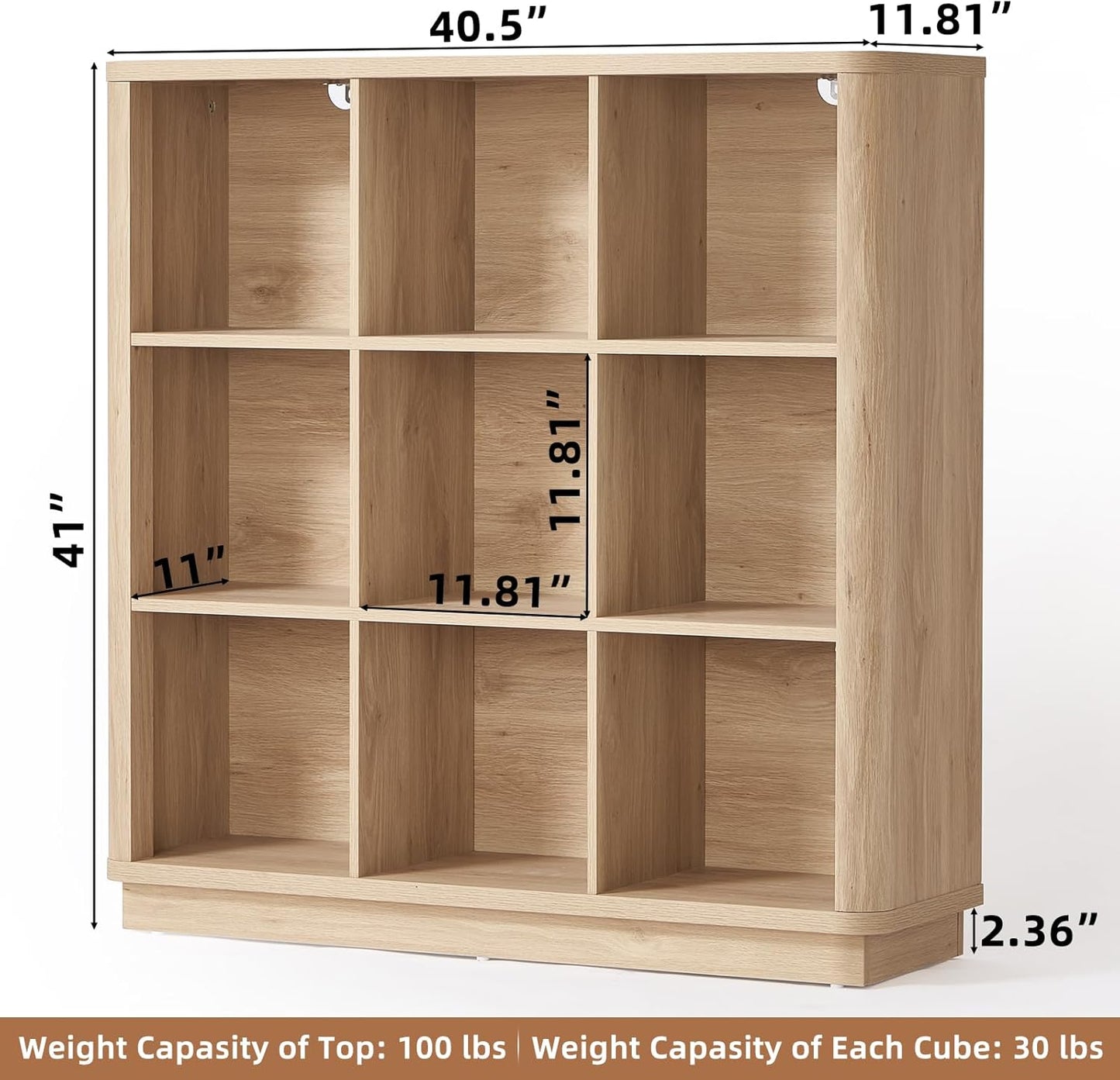 9 Cube Storage Book Shelf, 41" Tall Organizer Bookshelf with Curved Edge, Floor Standing 3-Tier Wood Cubby Bookcase with Base, Modern Display Book Case for Living Room, Home Office,Natural Oak