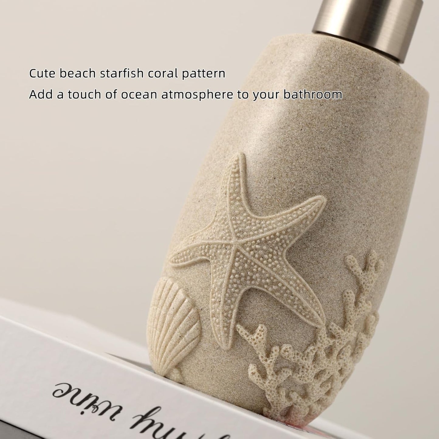 Bathroom Accessories Set, 4 PCS Bathroom Accessory Sets with Soap Dispenser, Toothbrush Holder, Tumbler, Soap Dish, Bathroom Countertop Organizer, Sea Bathroom Decor (Beige)