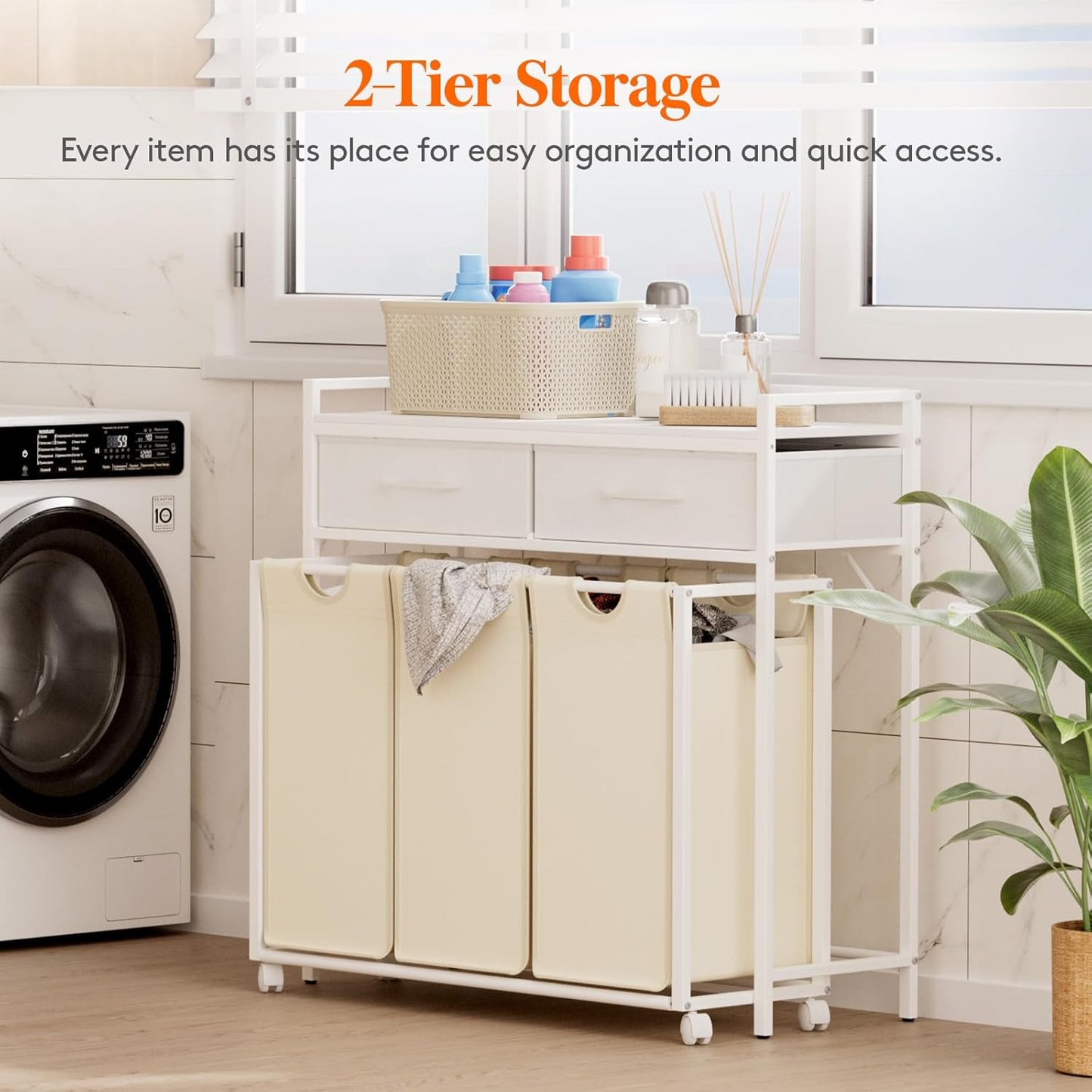 Lifewit Laundry Hamper 3 Section, Large Rolling Laundry Sorter with Shelf & 2 Drawers, Pull-Out Laundry Basket Organizer with Wheels and Removable Bag, White and Beige
