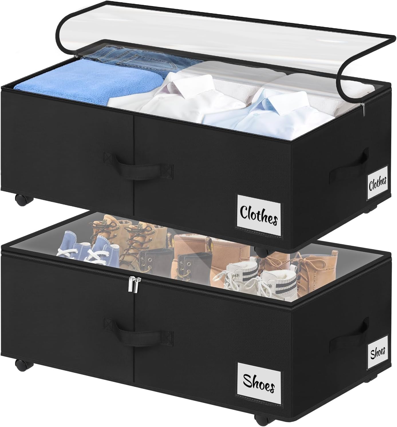 2 Pack Under Bed Storage with Wheels 10" Height, Rolling Storage Bins XXL 60L, Underbed Shoe Storage Containers with Label & Clear Lid, Dorm Under bed Drawers for Clothes, Shoes, Quick Assembly, Black