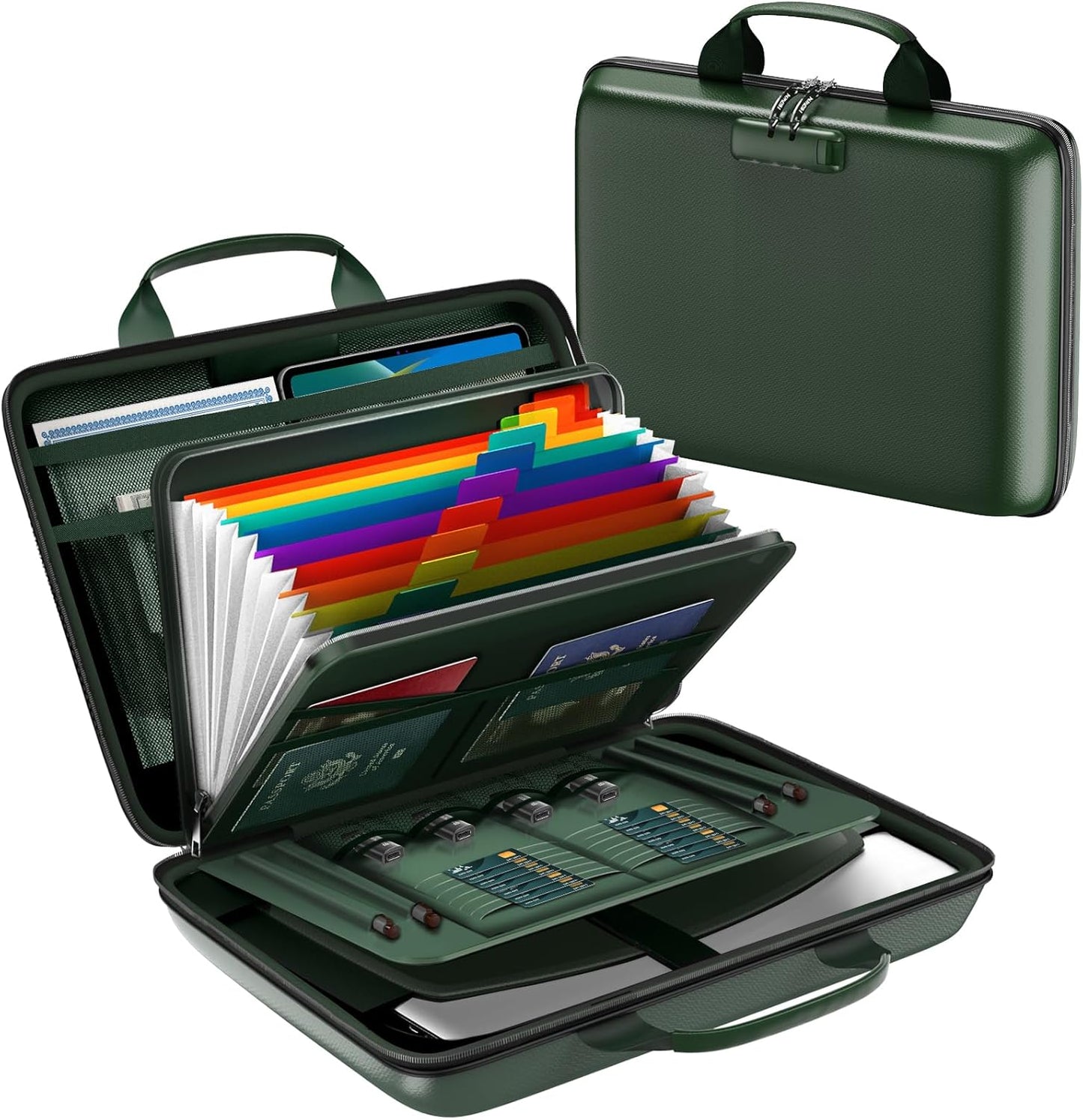 Fireproof Document Box, Hard Case Fireproof File Organizer Box with Lock and 13 Pocket Accordion File Folder, Portable Safe Box for Home Office Travel to Storage Important Documents Laptop Green