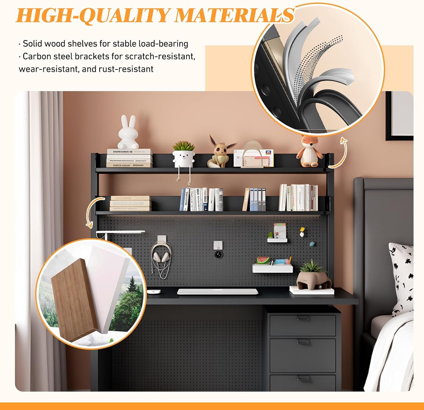 Desk Organizer Shelf for Standing Desk – Metal Frame Desk Hutch with Pegboard, Storage Shelf, and Hooks, Space-Saving Desktop Organizer for Home Office & Workstation yellow 23.6*9.3*37.4in