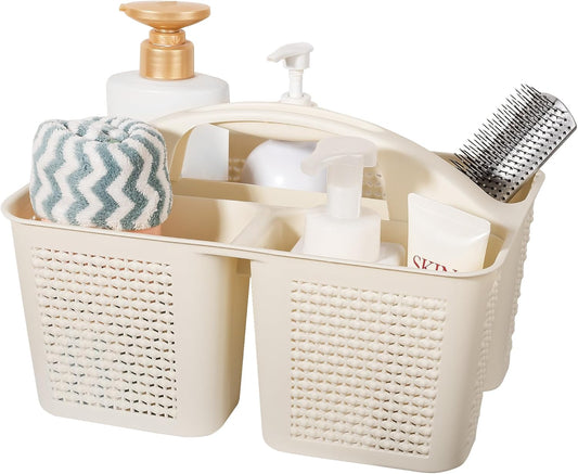 UUJOLY Plastic Portable Shower Caddy Basket Bucket, Cleaning Shower Basket with Handle Compartments Storage Basket Organizer for Bathroom Kitchen College Dorm Sink, Beige