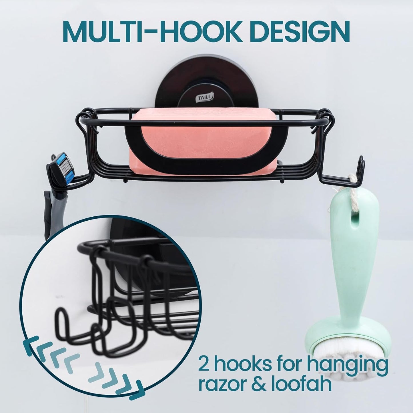 TAILI Soap Bar Holder Dish with Hooks, Shower Soap Tray Saver Suction Cup with Razor Holder for Wall, Rustproof Stainless Steel Bath Shampoo Caddy for Bathroom Accessories Organizer,Sink,Black
