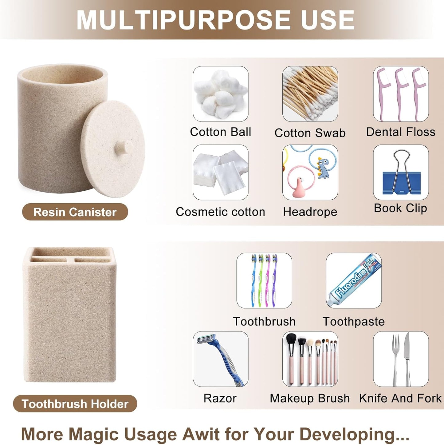 Resin 6 Pcs Beige Bathroom Set Complete with Toothbrush Holder, Lotion Soap Dispenser, 2 Qtip Holder Dispensers,Vanity Tray,Bathroom Tumbler - Countertop Vanity Organizer - Bathroom Accessories Set