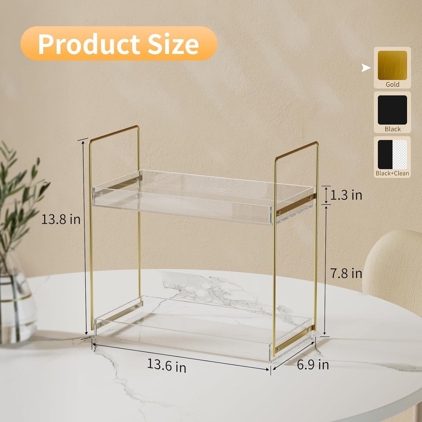 Bathroom Countertop Organizer, 2 Tier Acrylic Tray Vanity Counter Skincare Organizer Shelf, Kitchen Under Sink Standing Rack, Home Storage Holder for Lotion Makeup Cosmetics Perfume Spice, Gold