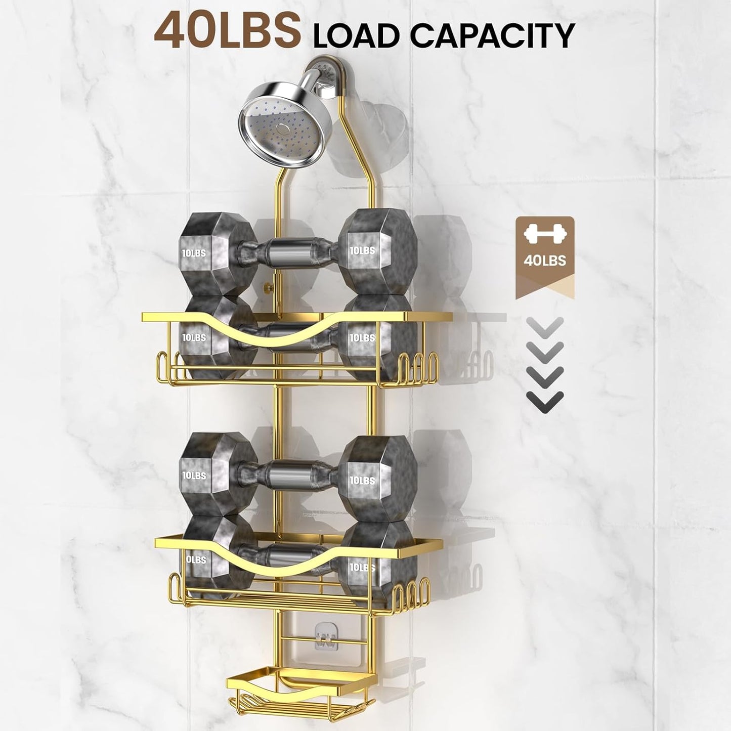 Shower Caddy Hanging Adjustable Shower Caddy, Rustproof Shower Organizer Extended Length Showers Caddy Over Shower Head with Hooks Soap Holder, Large Capacity Anti-Swing Bathroom Organizer, Gold