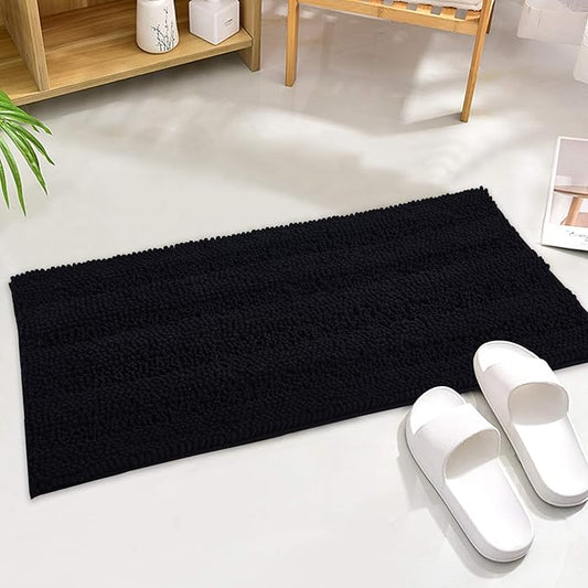 KGORGE Black Bath Mat - Quick Drying Bathroom Rugs Non-Slip Water Absorbent Thick Shaggy Chenile Shower Rug for Toilet Tub Kitchen, 47" x 17", 1 Pc