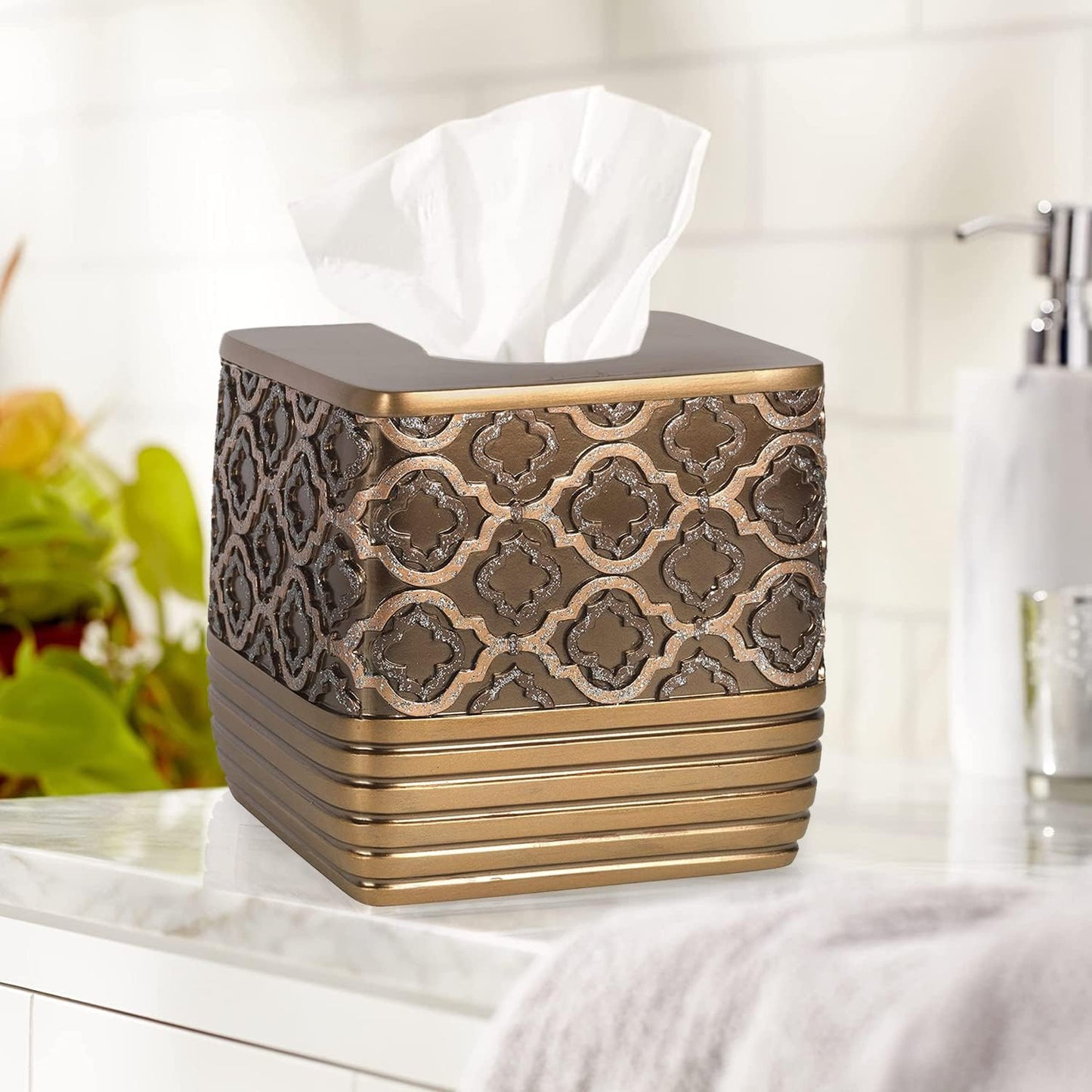 Zahari Home 2pc Spindle Modern Bath Accessories Set Waste Basket & Tissue Box Modern Classic Contemporary Decorative Beautiful Designs Bathroom Decor Set for Home Gold Complete Bathroom Sets