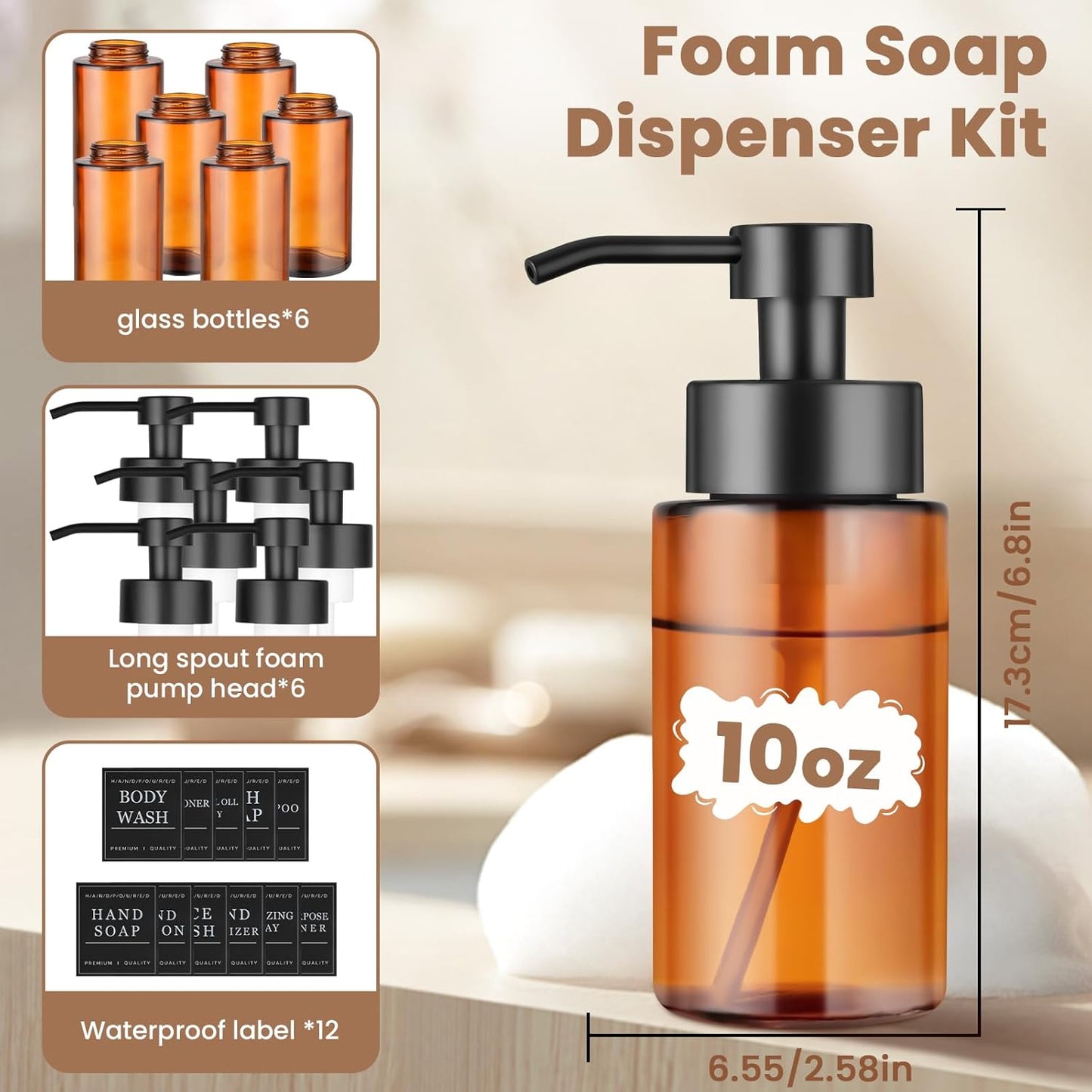 6 Pack 10 OZ Glass Foaming Soap Dispenser for Bathroom & Kitchen Foaming Hand Soap Dispenser with Labels Dispenser for Liquid Soap,Shampoo,Body Wash,Dish Soap,Amber