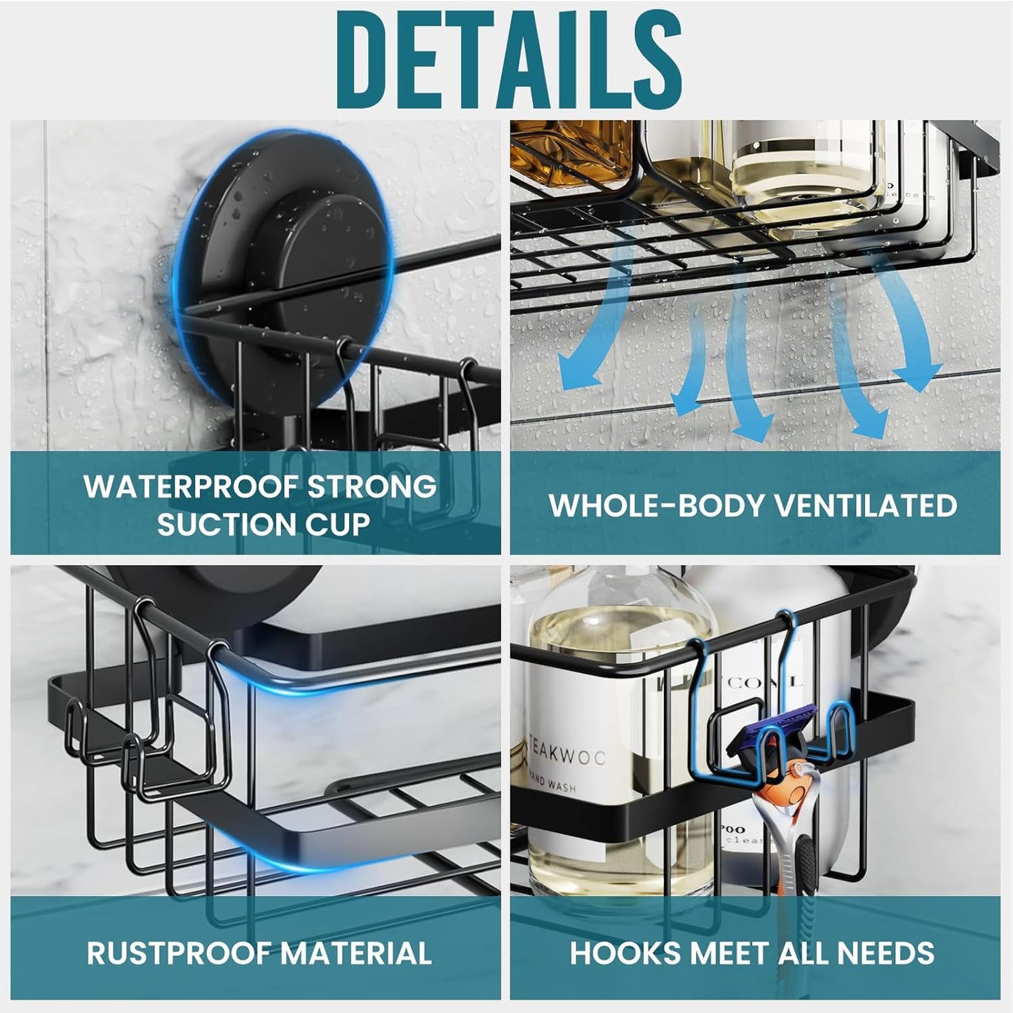 TAILI 2 Pack Corner-adaptive Suction Cup Shower Caddy, Stainless Steel Rustproof Corner Shower Shelves, Large Capacity, Removable Suction Cup Bathroom Organizer, Drill-Free Wall Mounted Baskets, Black