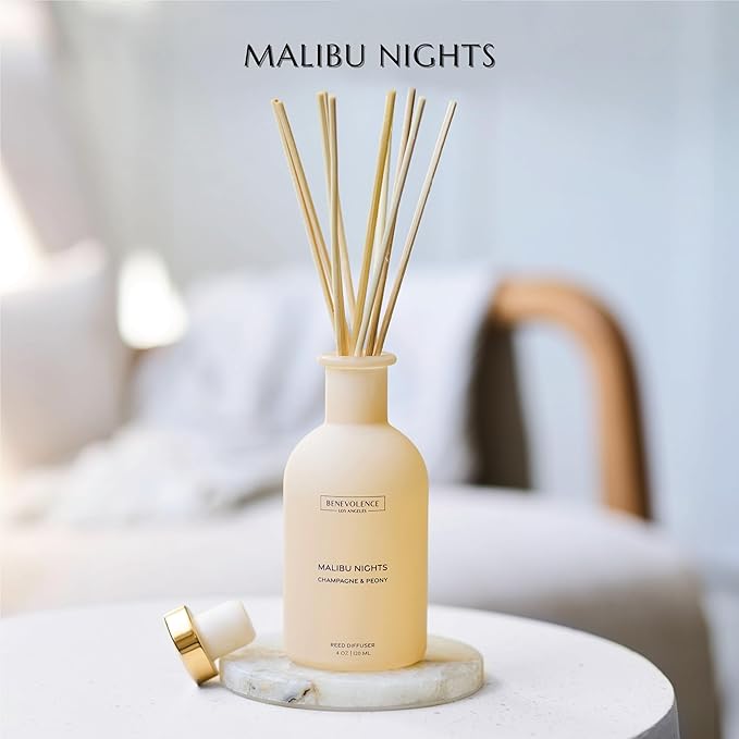 Benevolence LA Reed Diffuser - Champagne & Peony | Luxurious Home & Bathroom Decor | Long-Lasting Scent Diffusers for Home - Malibu Sands Collection