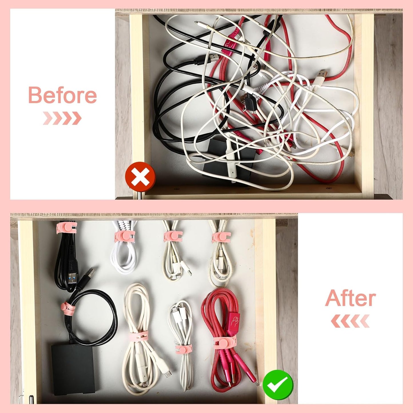 42 Pcs Silicone Cable Ties Reusable Cord Straps Multipurpose Elastic Cable Organizer for Bundling Fastening Earphone Phone Charger Home Office School (Pink,3.15 Inch)