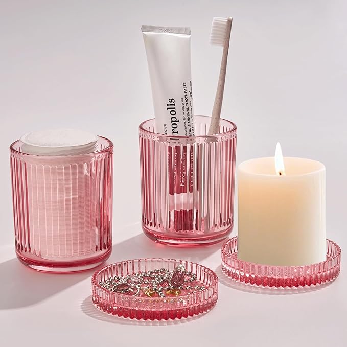 2 Pack Qtip Holders for Bathroom, Clear Glass Apothecary Jars with Lids,Vintage Bathroom Canisters for Cotton Balls,Swabs,Floss Picks,Hair Ties,Vanity Organizer and Storage Decor (Pink)