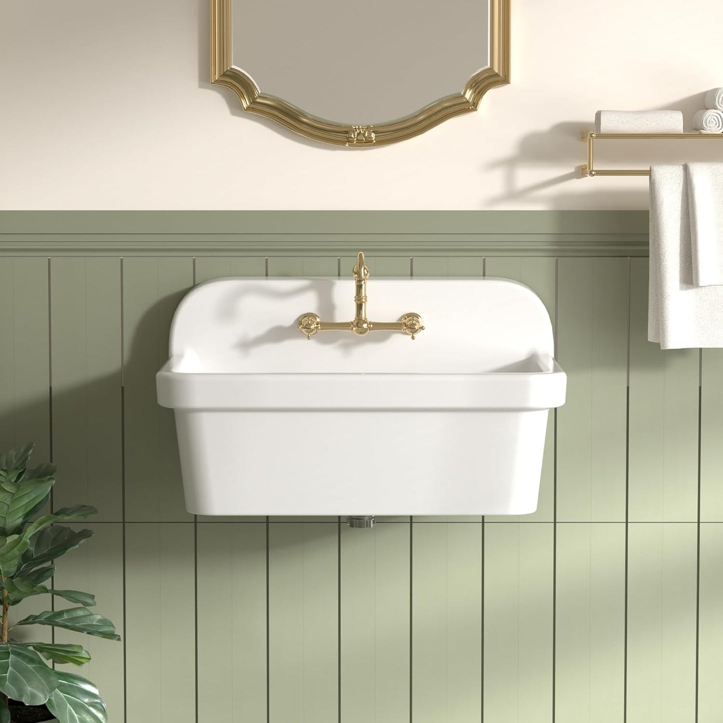 LUCKWIND 30 Inch Wall-Mounted Ceramic Utility Sink, White Farmhouse Sink for Laundry, Bathroom, Kitchen, Garage – Large Capacity, High Back Design