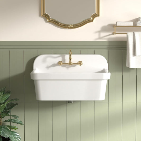 LUCKWIND 30 Inch Wall-Mounted Ceramic Utility Sink, White Farmhouse Sink for Laundry, Bathroom, Kitchen, Garage – Large Capacity, High Back Design