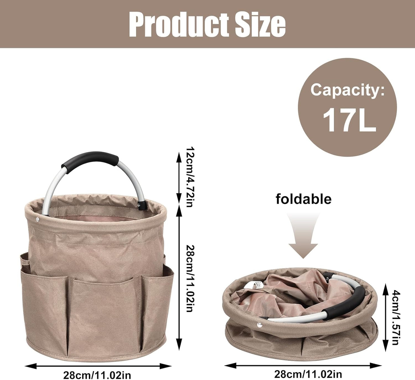 Cleaning Caddy with Handle, 17L Cleaning Supply Caddy Foldable Bucket Organizer Cleaning Products Organizers Cleaning Tools Bag 4.5 Gallon (Khaki)