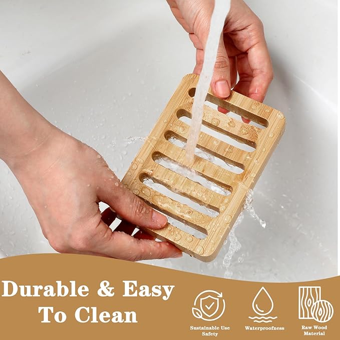 Sibba Teak Wood Soap Dish Bamboo Soap Holder 2 Pack Wood Bar Soaps Holder Waterproof Self Draining Soaps Dish Natural Wooden Trays for Shower Bathroom Kitchen Bathtub