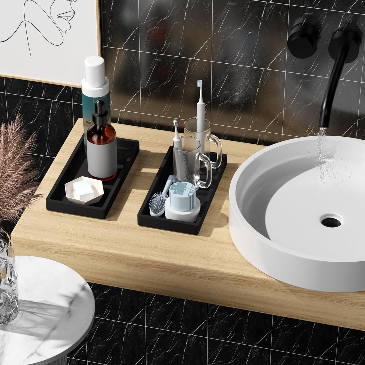 BBK Bathroom Vanity Tray 7.8 in - 2 Pack(Small) Silicone Bathroom Tray for Counter, Perfume Key Trinket Ring Tray, Decor Soap Dispenser Countertop Tray for Kitchen Sink Organization (Black)