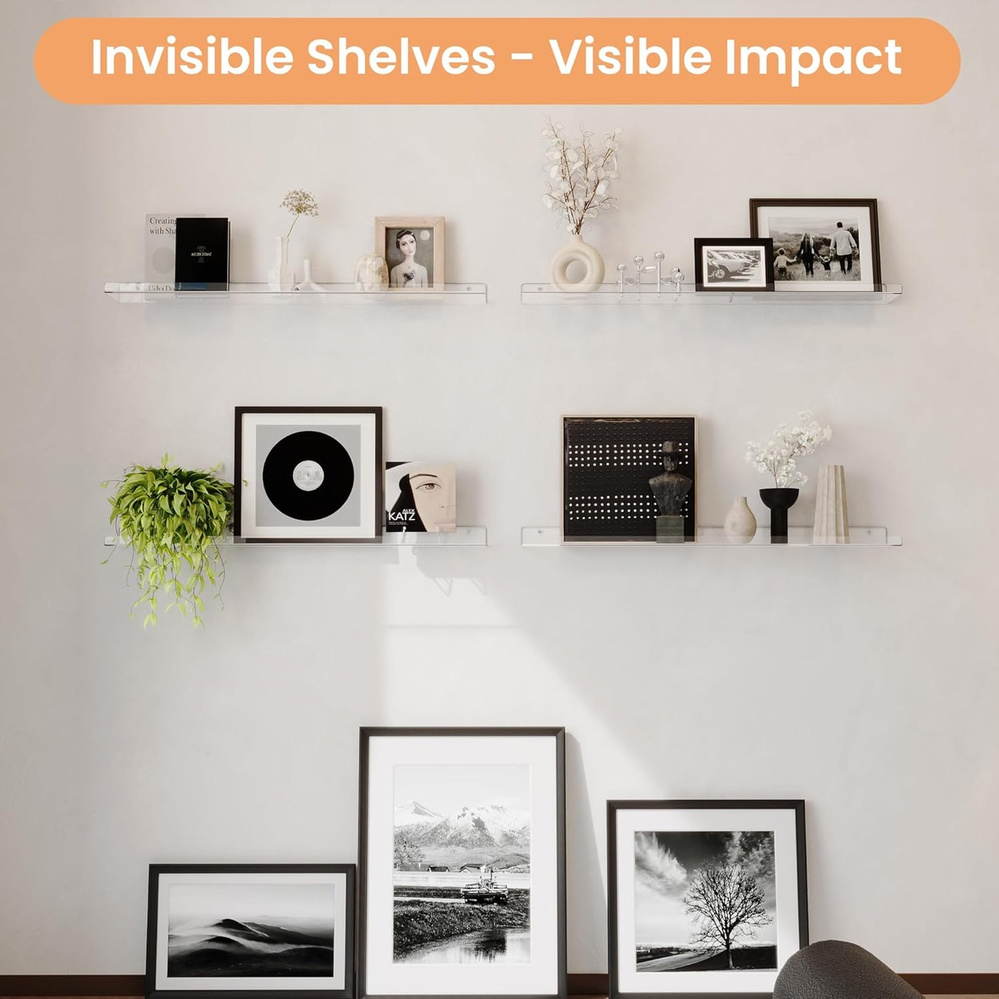 upsimples 2 Pack 35.5x5.5 Inches Acrylic Shelves for Wall Storage, Floating Bookshelves for Kids, Display Shelf Organizer for Bathroom, Bedroom, Living Room, Kitchen, Clear