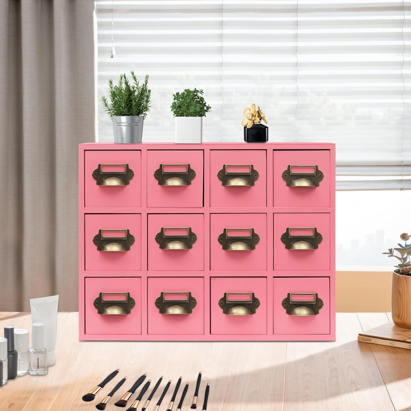 3-Tier Storage Cabinet, 12-Drawer Wooden Organizer with Metal Handles, Wooden Medicine Cabinet, Vintage Brown Solid Wood & Alloy Desktop Storage Shelf for Households, Offices (Pink)