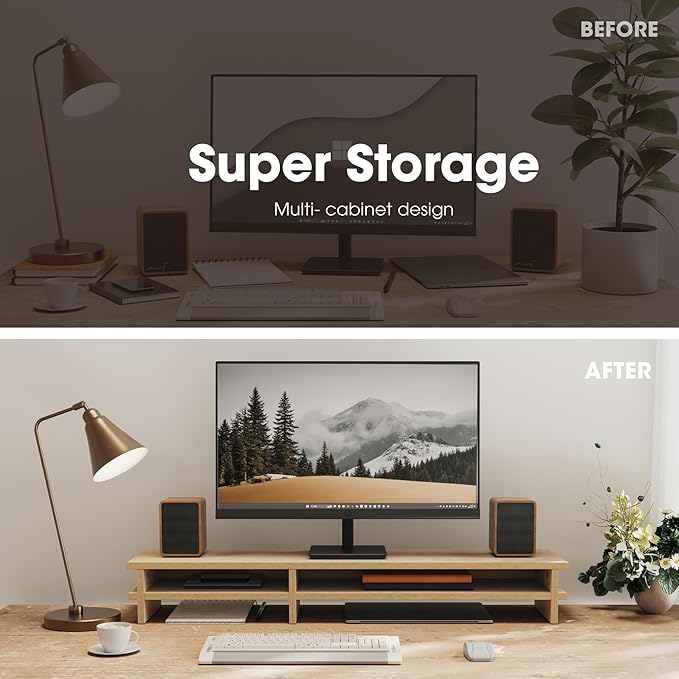 Fenge Dual Monitor Stand, 39.4in Wood Monitor Riser for 2 Monitors, 2 Tiers Desk Shelf with Cable Mangement for Top of Desk, Computer Stand for Laptop, PC, Printer