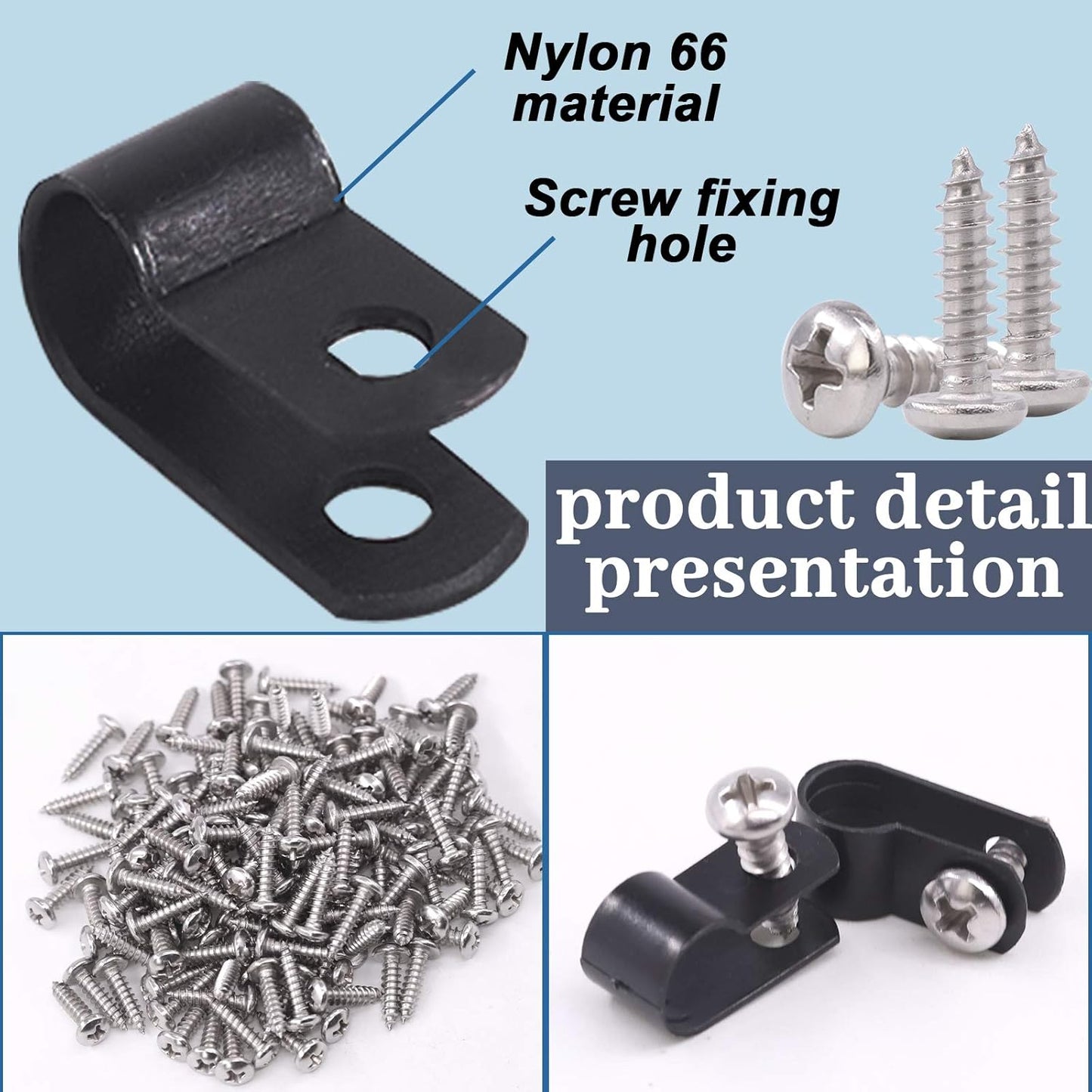 Glarks 120Pcs 1/4 Inch Black Nylon Screw Mounting R-Type Cable Clip Wire Clamp with 120Pcs Screws for Wire, Cable, Conduit and Cable Conduit Kit (Black)