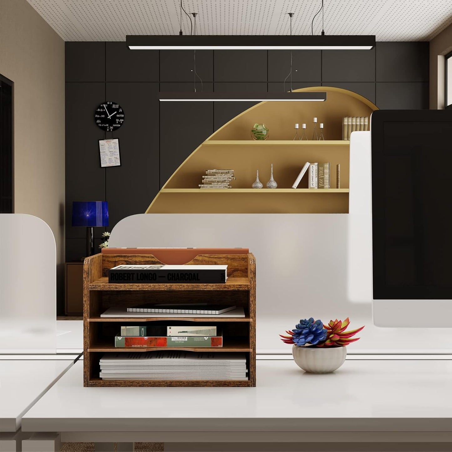 Snughome Vintage Wood File Organizer Desktop, 13.7‘’ Document Letter Mail Tray Sorter with 3 Adjustable Shelves, Wooden Desktop Paper File Sorter Holder for School Home Office Supplies (Rustic Brown)