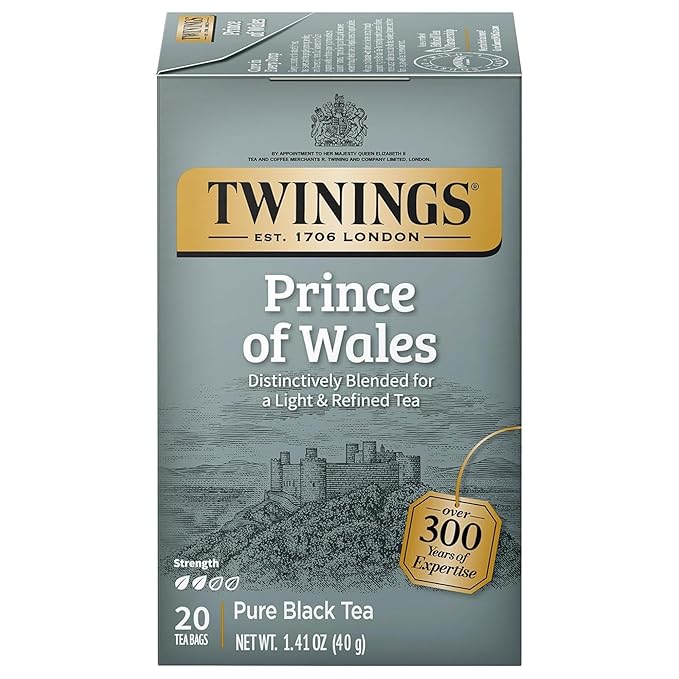 Twinings Prince of Wales Black Tea Individually Wrapped Bags, 20 Count (Pack of 1), Velvety Smooth & Mild, Caffeinated, Enjoy Hot or Iced, 20 Teabags