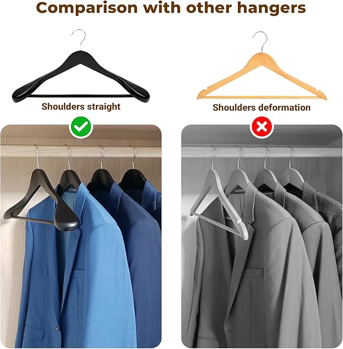 Coat Hanger 8-Pack, MEQUTION Wood Hangers Trouser Hangers Extra Wide Shoulder Wooden Hangers for Heavy Coat, Sweater, Skirt, Suit, Pants, Retro Finish (Black)