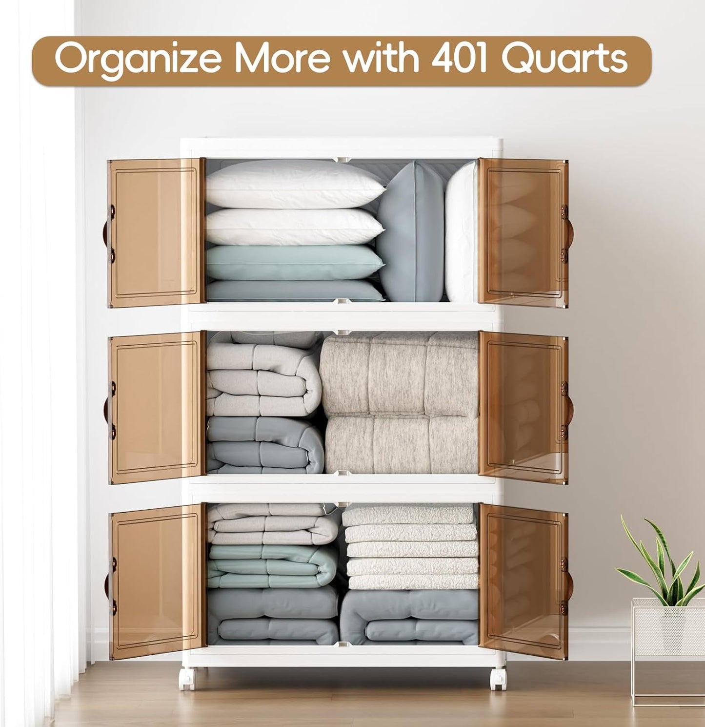 JEKO&JEKO 400Qt Stackable Storage Bins with Lids and Wheels, Foldable Collapsible Plastic Boxes for Clothes, Home, White, 3 Pack