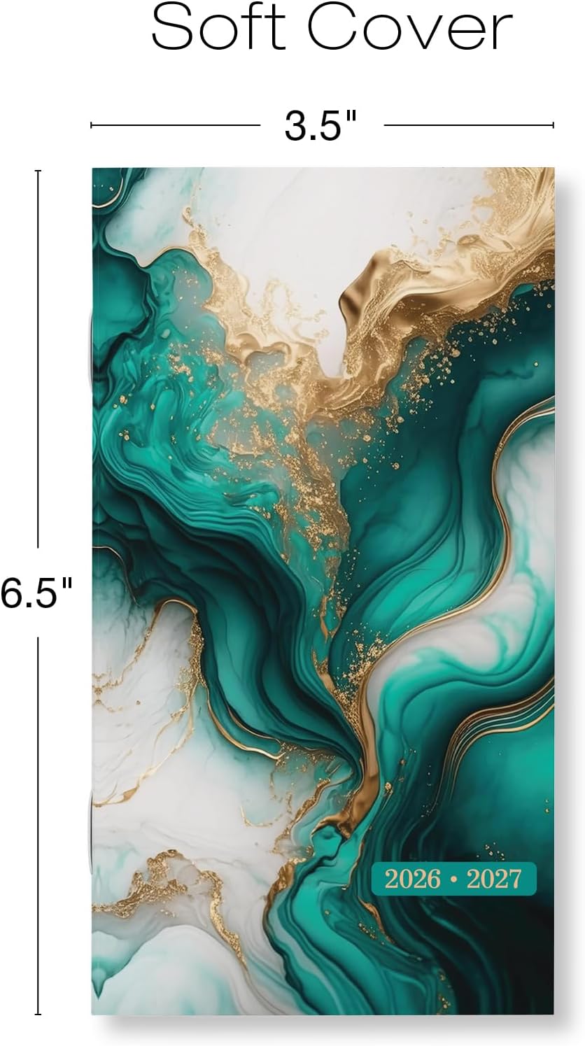 2-Year Monthly Pocket Planner/Pocket Calendar, 3.5"x6.5", 2026-2027: Weekly Planner/Weekly Agenda/Monthly Calendar Organizer (Teal Gold Marble)