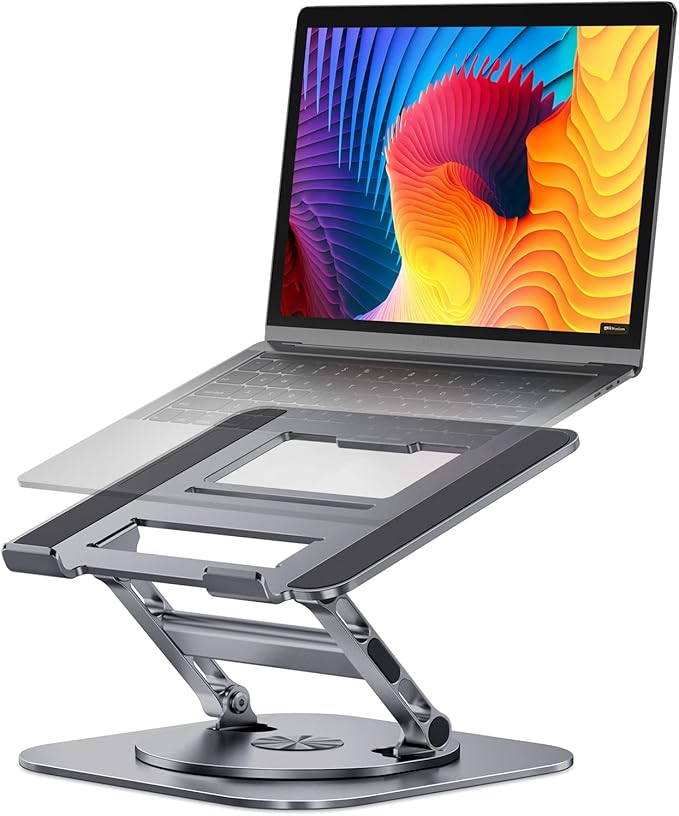 Adjustable Laptop Stand with 360 Rotating Base, Stable Computer Stand for Laptop Ergonimic Foldable Laptop Riser for Desk Compatible with MacBook Pro/Air Notebook up to 16 Inches, Grey
