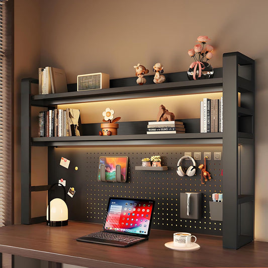 2/3 Tier Desk Hutch with Pegboard, Desk Shelf Organizer with Metal Frame, Space Saving Desktop Bookshelf, Desktop Shelf Organizer Display Rack for Study Table, Home, Of Black+Black 37×10×37"(3-Tiers)