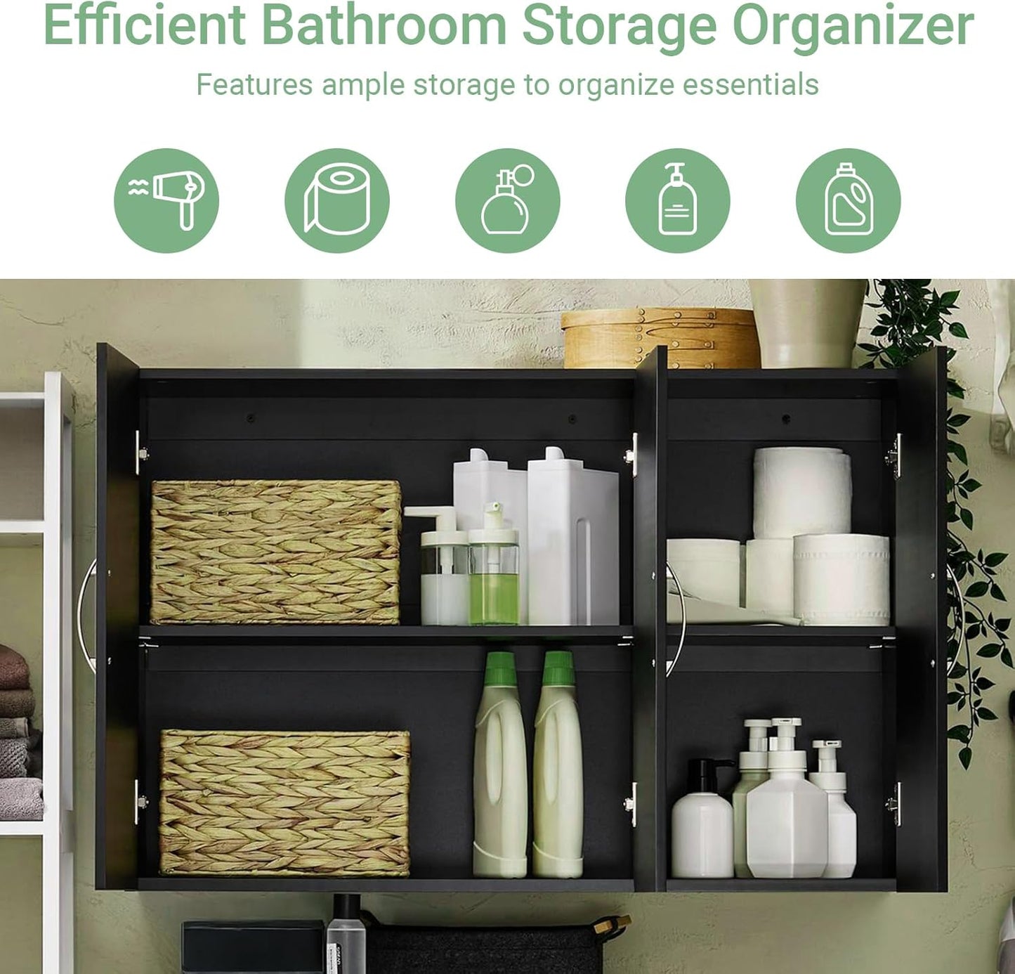 3-Doors Bathroom and Laundry Room Wall Cabinet with Adjustable Shelves, Wall Mounted MDF Storage Organizer Over Toilet or Washer, Black, HUS-FRG231-L