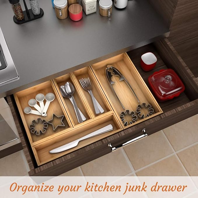 Utensil Organizer Silverware Drawer Organizer - Stackable Bamboo Flatware Caddy Cutlery Holder, Wooden Storage Boxes Tray for Bedroom,Office, Bathroom, Vanity & Garage Tool Organization(9"3"2.5")