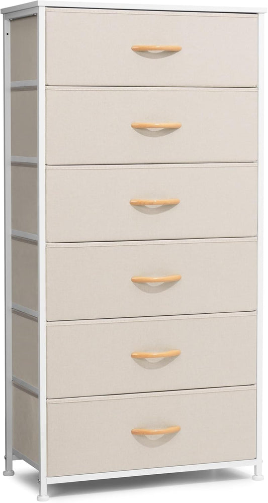 Crestlive Products Dresser for Bedroom with 6 Drawers, Tall Chest of Drawers, Fabric Dressers Bedroom Furniture, Storage Organizer Unit with Bins for Closet, Hallway, Living Room, Entryway(Beige)