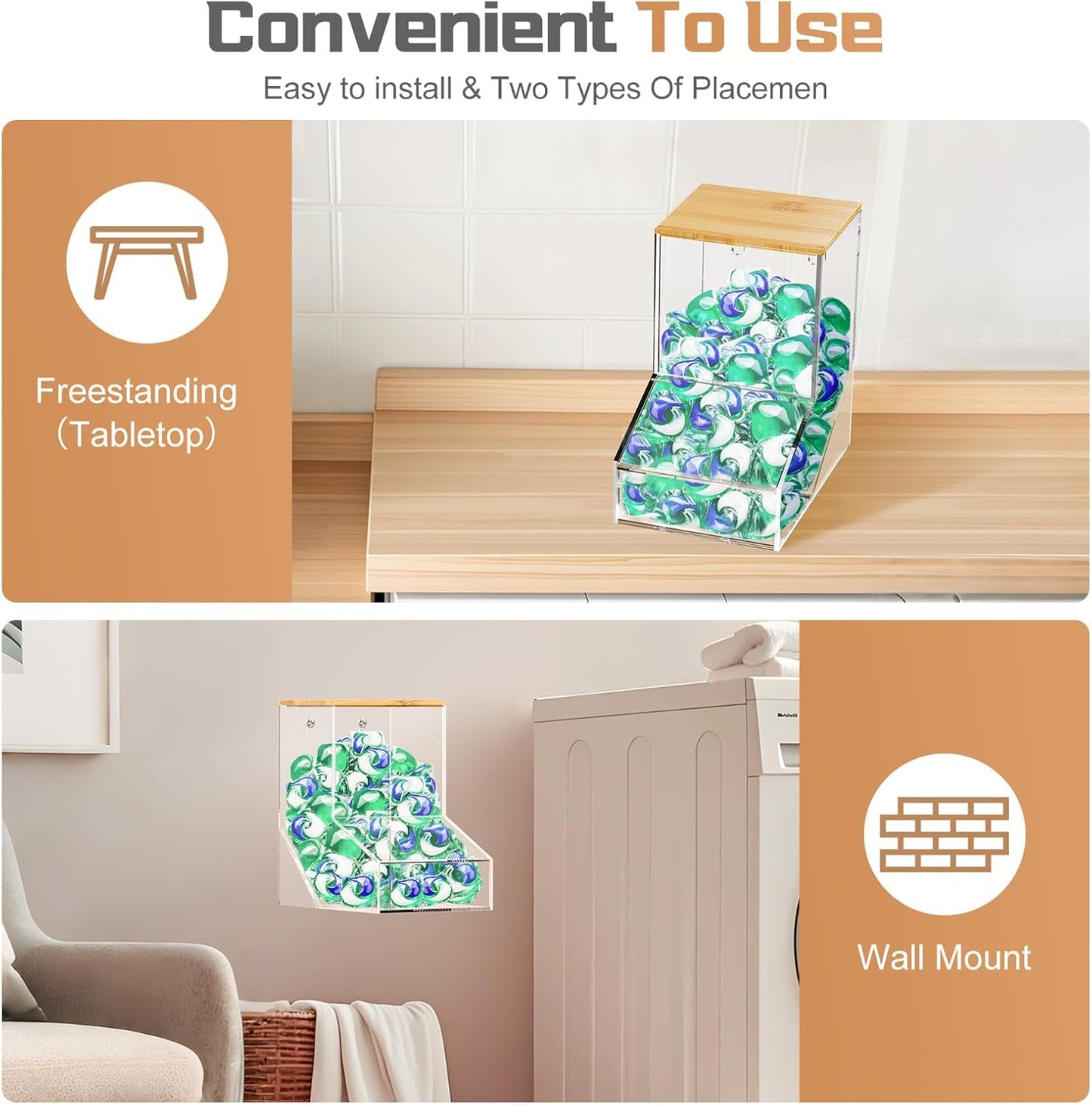 JYPS Laundry Pods Container, Acrylic Dishwasher Pods Holder w/ 2 Lids, Dispenser For Powder, Dryer Balls, Beads, Soap Organizer For Room Desktop / Wall Mount, Snack Candy Organization Storage