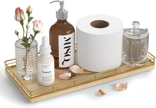 Oak Bathroom Toilet Tank Tray, 13" Wood Back of Toilet Paper Storage Tank Topper Basket, Vanity Tray for Perfume Makeup Candle Toiletry Organizer for Kitchen Coffee Table Natural Tray Decor