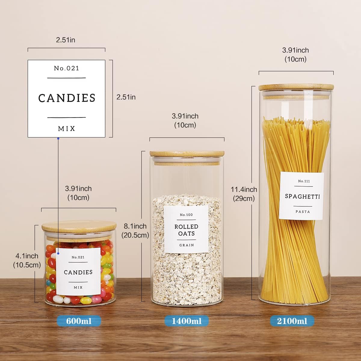 5 Pcs Glass Food Storage Containers With 132 Pantry Labels Preprinted - Thicken(3mm) Jars Airtight Bamboo Lid Stackable Kitchen Canisters Set For Candy, Cookie, Rice, Sugar, Flour
