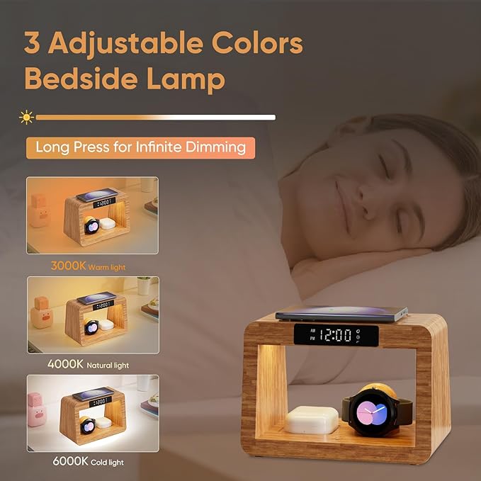 Wireless Charger Station for Samsung with Digital Alarm Clock, Fast Wireless Charging Station with LED Night Llight for Samsung&Android Phone, Wireless Phone Charger Station Only for Samsung Watch