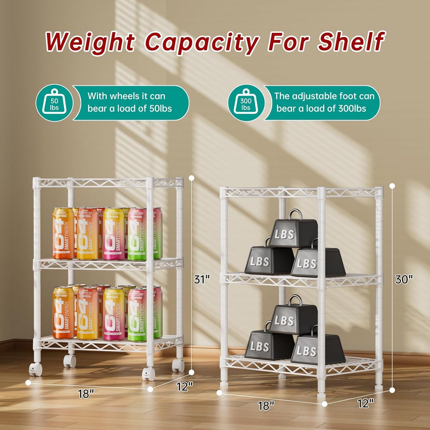 3 Tier Adjustable Storage Shelves Heavy Duty Metal Utility Shelf Wire Shelving Unit Organizer Rack for Home Kitchen Office Bathroom Pantry Room 12" D x 18" W x 30" H