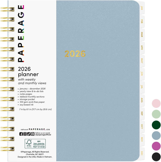PAPERAGE 2026 Weekly & Monthly Planner, 12 Months (January 2026 - December 2026), 6.6 in x 8.1 in, Spiral Bound 2026 Planner with Weekly, Monthly & Yearly Views, Note Pages & Inner Pocket – Slate