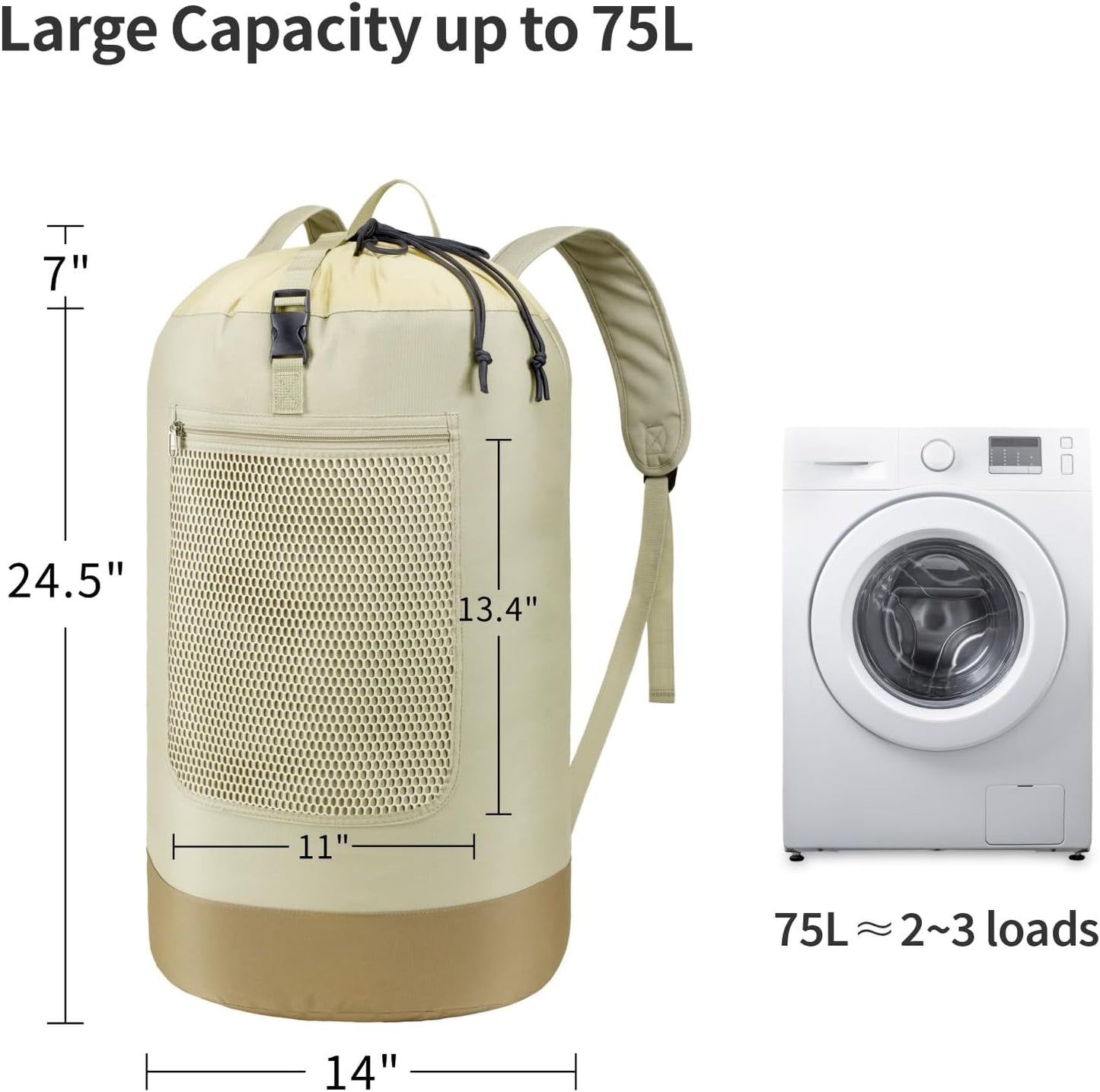 F-color Laundry Backpack 75L - Large Capacity Laundry Bag Backpack with Comfort Straps, Mesh and Zip Pocket, Sturdy Bag for Dorm, Travel, Laundromat, Apartment, Khaki