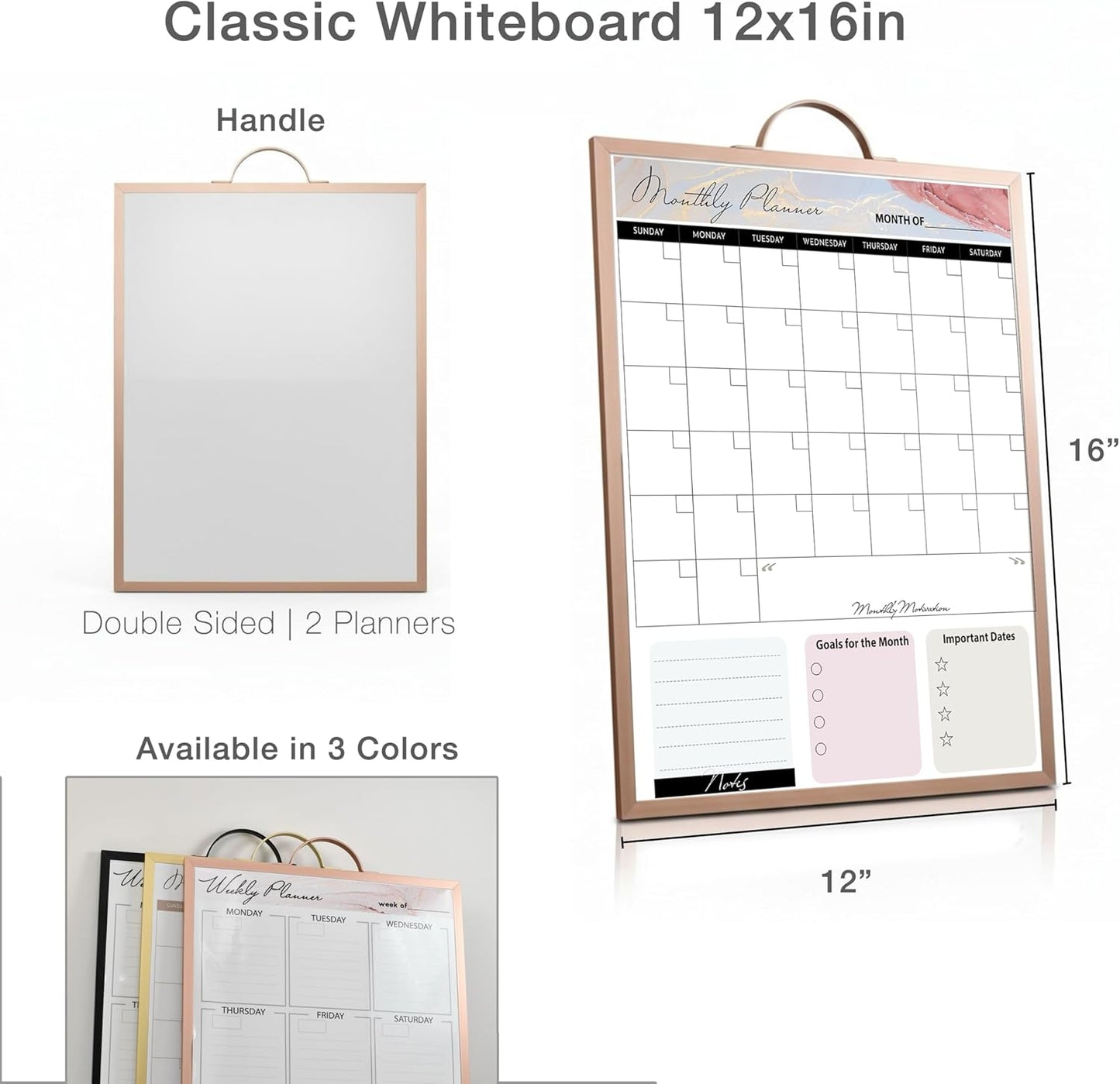 Small Whiteboard 12 x 16 Inch Magnetic Dry Erase Board with Handle | Rose Gold Aluminum Frame | Double-Sided Planner Board with Weekly & Monthly Sheets | 3 Markers, Eraser & 2 Magnets