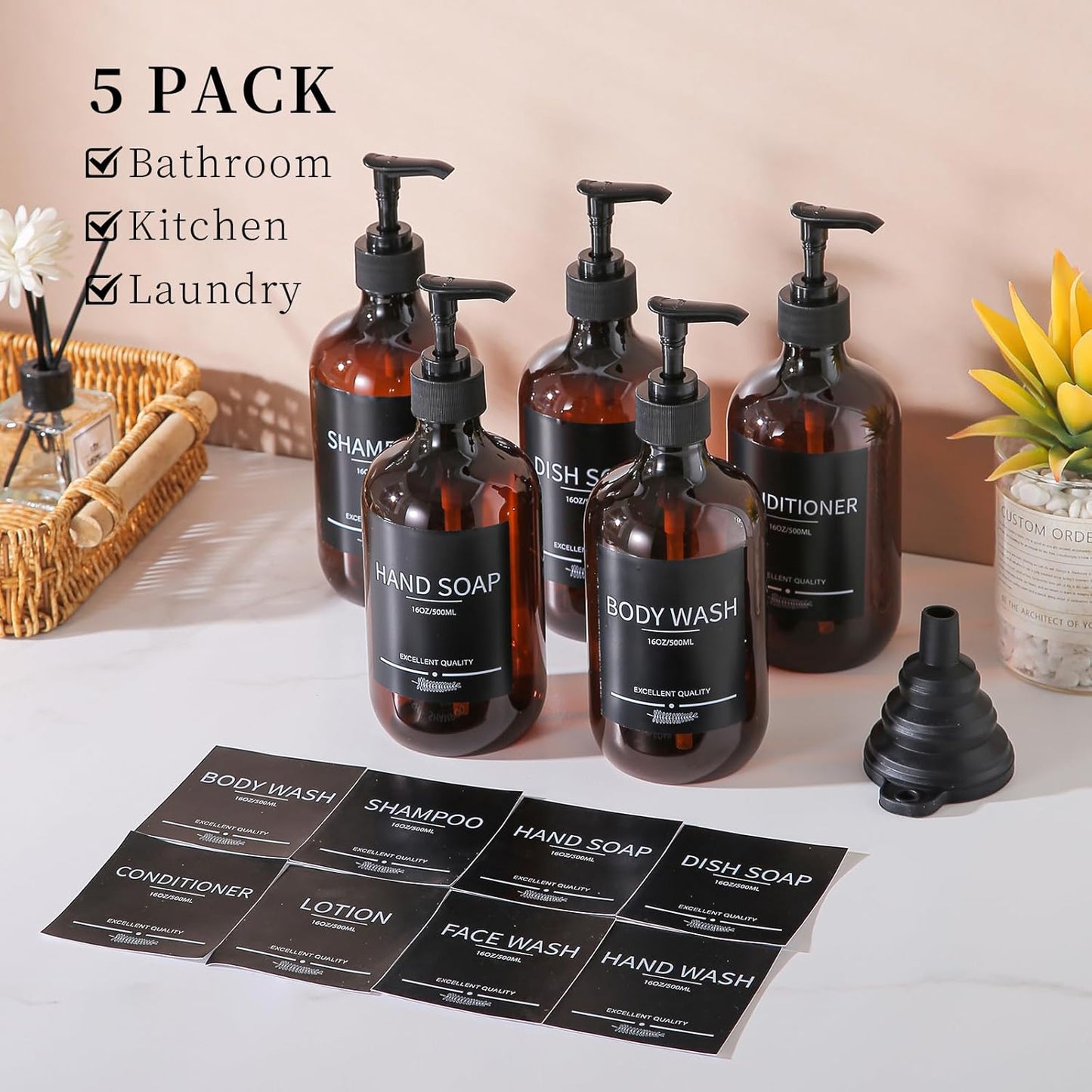 5Pack Amber Shower Bottles Refillable with Labels,16.9oz(500ml) Reusable Shampoo and Conditioner Bottles,Shampoo Dispenser Bottles