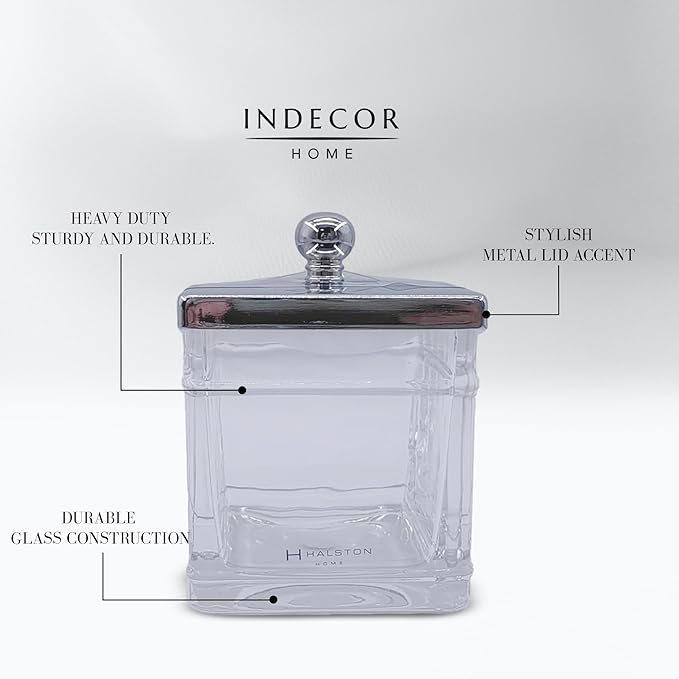 Apothecary Glass Cotton Jar Holder Silver Stainless Steel Lid, Elegant Bathroom Storage Canister for Qtips, Cotton Balls, Floss, Makeup Organizer, Vanity Bathroom Organization