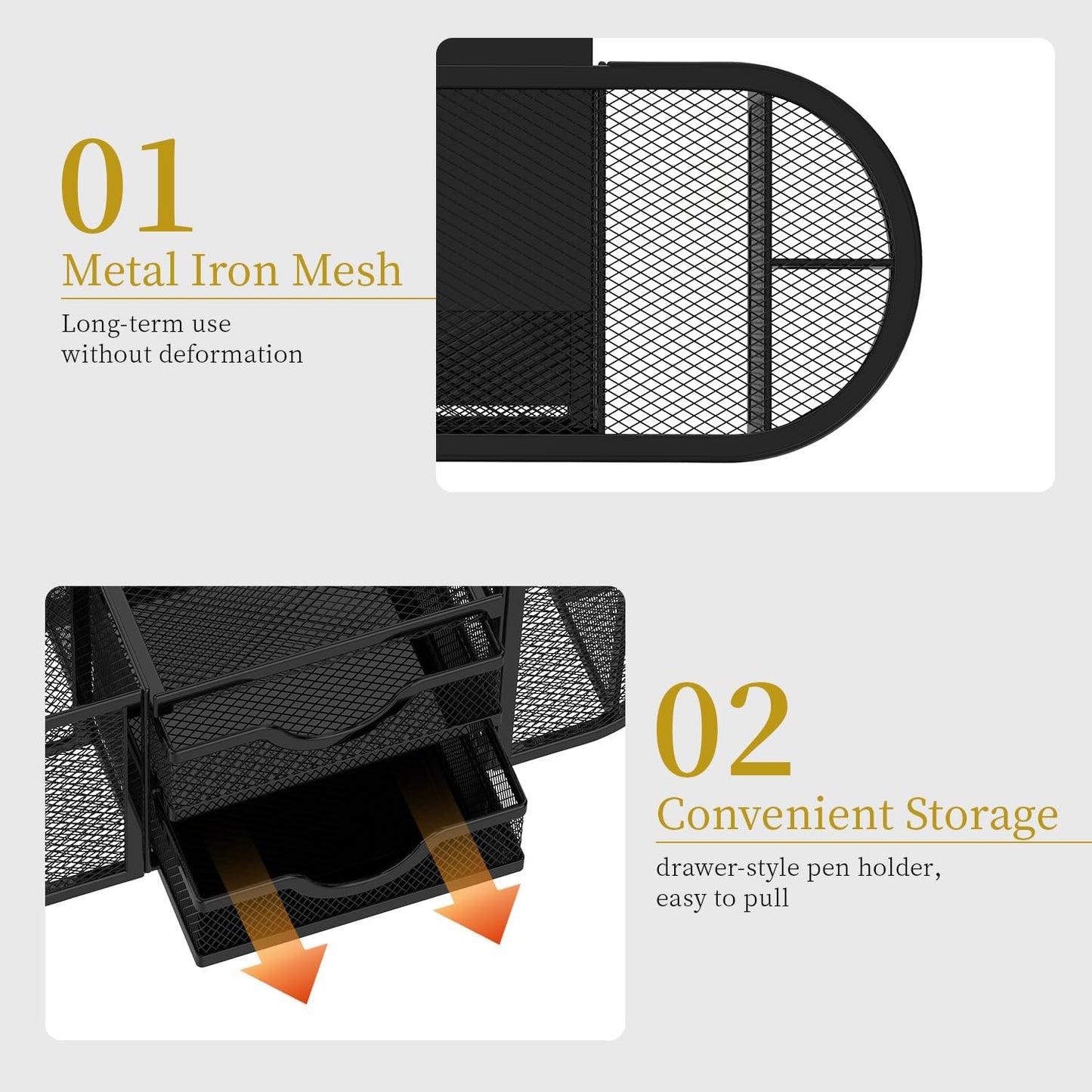 SUPEASY Mesh Desk Organizer, Desk Organizers and Accessories, Pen Holder with Drawers, Pencil Holder for Desk with 2 Drawer for Office Supplies, Black