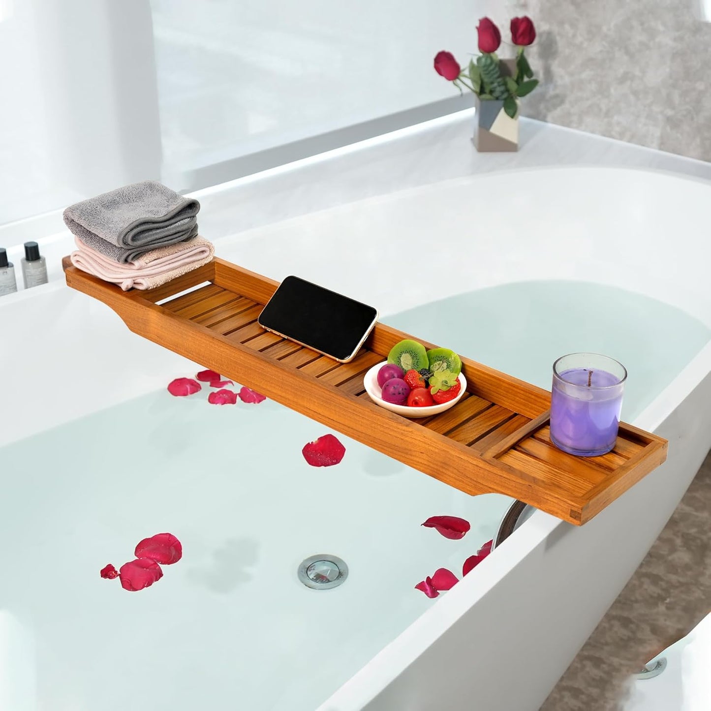 VaeFae Teak Bathtub Tray, Wooden Bath Caddy for Bathtub, Bath Tub Wood Table for Tub