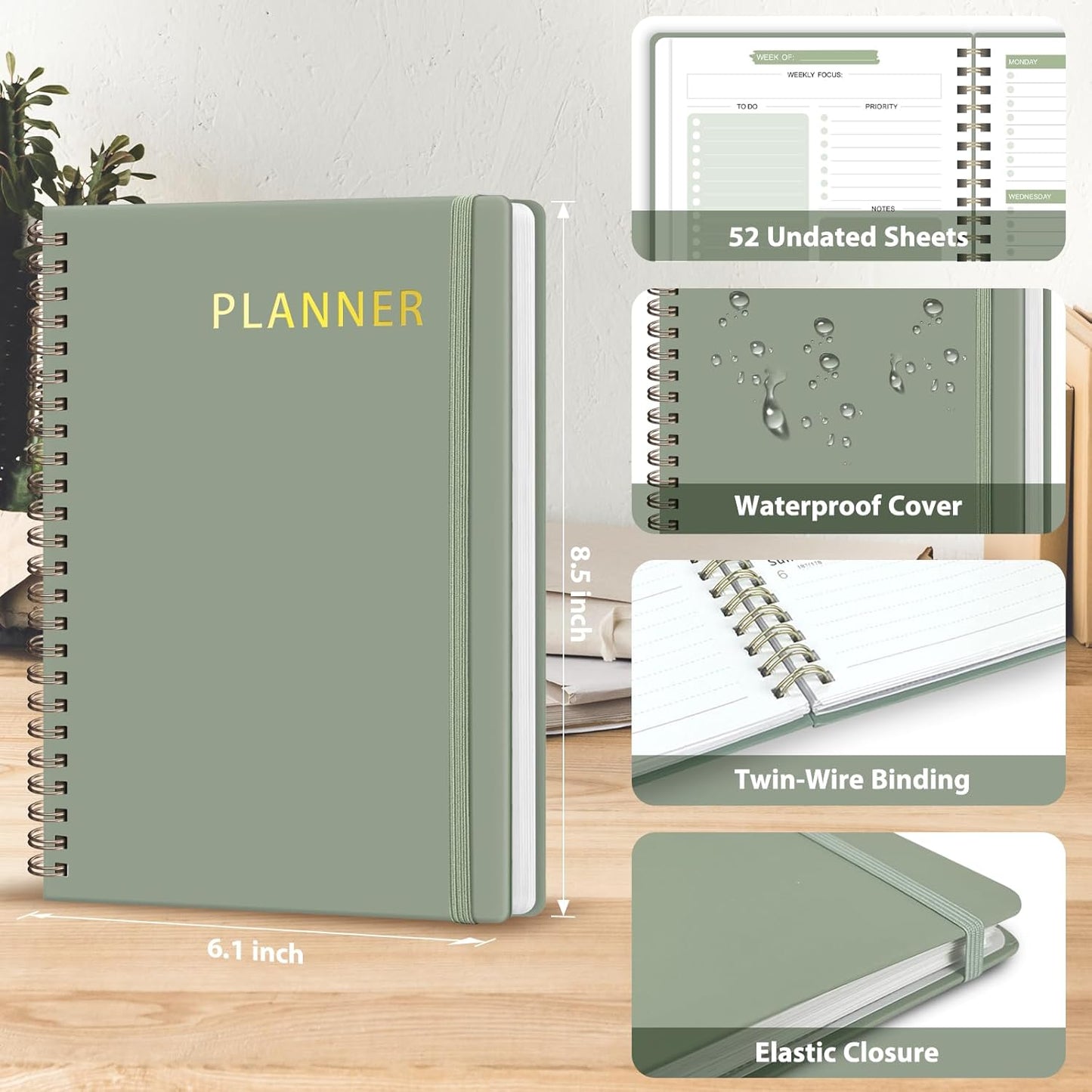 Undated Weekly Planner, Weekly To Do List Notebook with Goal, Organizer & Habit Tracker, A5 Daily Planner with Spiral Binding, Ideal for Office School Suppies - Green